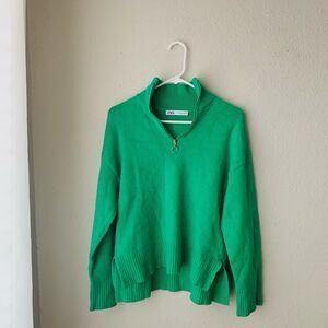 ZARA Quarter Zip Knit Long Sleeve Green Oversized Pullover Chunky Sweater Sz S